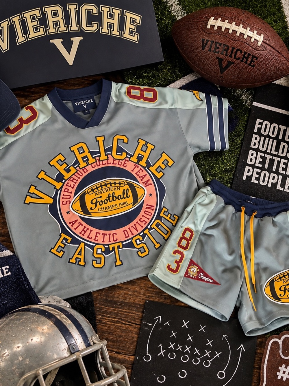 Men East Side Football Jersey & Shorts Set - Light Gray/Yellow